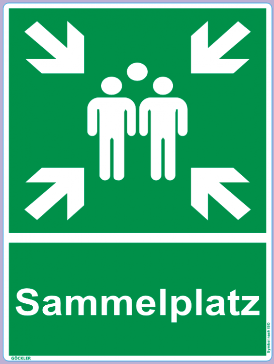 Sammelplatz + Symbol-Schild, Gr.: 300 x 400 mm, Kunststoffplatte selbst klebend , Göckler Symbol nach ISO 7010