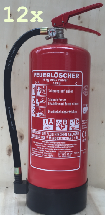 12 Stück 6 kg ABC- Pulver- Dauerdruck- Feuerlöscher DIN EN 3, SP 104/ 13, GS, außenliegendes Prüfventil Rating: 34 A, 183 B, C = 10 LE