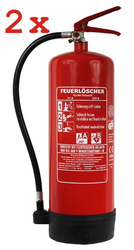 Doppel-Pack 2 St.  9 L Schaum Dauerdruck- Feuerlöscher DIN EN 3 SP 113/ 13, GS, außenliegendes Prüfventil , Rating: 27 A, 233 B = 9 LE